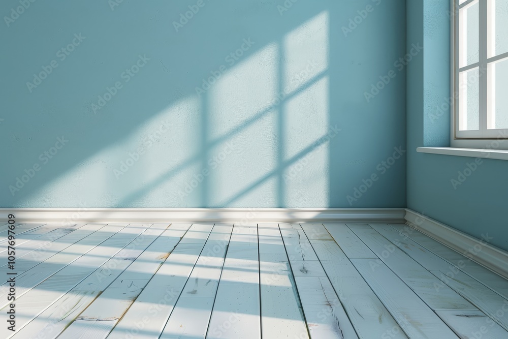 Sunlit empty room with blue walls and white wood floor. Sunlit empty room with blue walls and white wood floor.