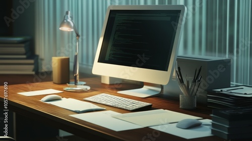 Wallpaper Mural stock photo of office table, computer, paper  Torontodigital.ca