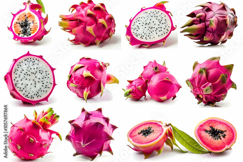 A collection of dragon fruit, whole, halved, and in different angles on white background. photo