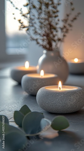 Tranquil arrangement of stones and candles with eucalyptus leaves in a calmin...