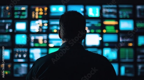 Cybersecurity Specialist Monitoring Digital Wall