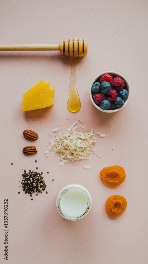 Nuts, Berries, Honey, and Cheese Arranged for Healthy Snacking Nuts, Berries, Honey, and Cheese Arranged for Healthy Snacking