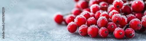 Closeup of frostcovered red berries, vibrant and colorful winter detail photo