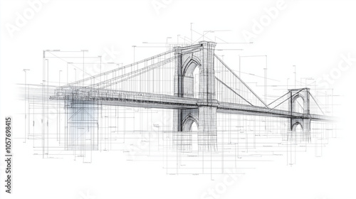 Brooklyn Bridge Blueprint: Architectural marvel, suspension bridge, detailed sketch, engineering, design, construction, blueprint, NYC landmark, iconic, structure, infrastructure, cityscape, urban.