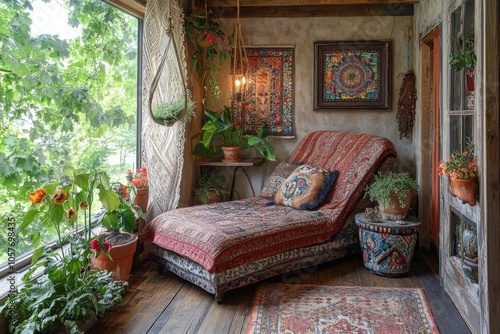 Cozy sunlit room with a comfortable chair, plants, and rustic decor in a home...