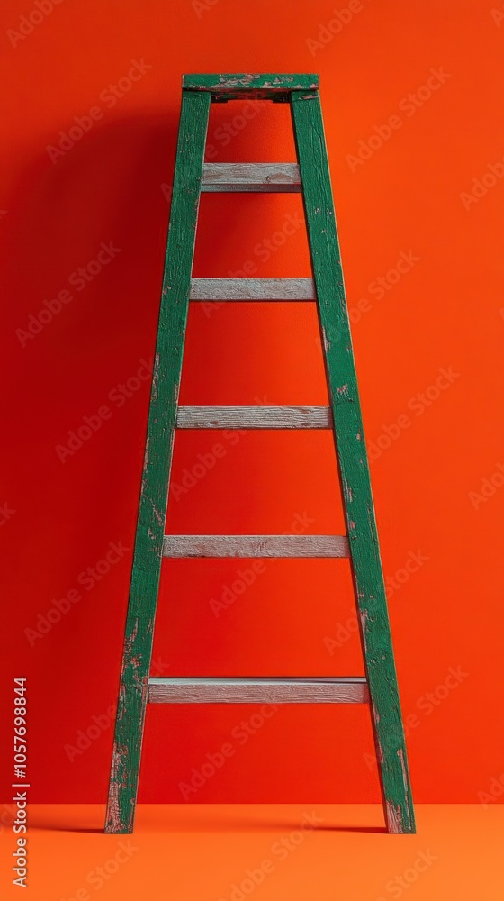 A weathered wooden ladder stands tall against a bright background A weathered wooden ladder stands tall against a bright background