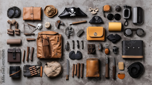 Flat lay of assorted pirate-themed and vintage objects including leather bags, hats, knives, and accessories on a textured surface.