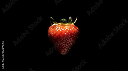 single, ripe strawberry, perfectly centered against black background, exudes vibrant red hue and juicy freshness