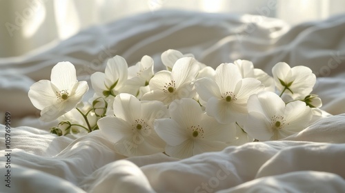 Beautiful bouquet of white flowers placed on a soft quilt in a cozy bedroom s...