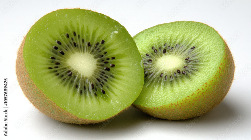 Fototapeta premium juicy kiwi fruit sliced in half, revealing its bright green flesh and black seeds