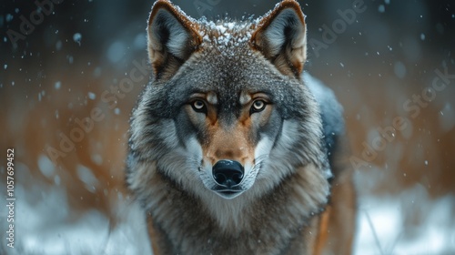 Wolf in a snowy forest during winter, showcasing its majestic gaze and thick ...