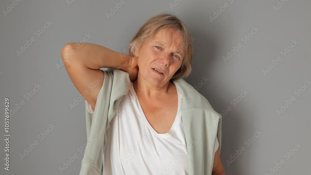 Sick senior woman showing pain in neck and back with hand on shoulder feeling uncomfortable and sad due to acute physical stress standing isolated over gray background Sick senior woman showing pain in neck and back with hand on shoulder feeling uncomfortable and sad due to acute physical stress standing isolated over gray background