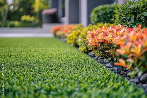 Lush green lawn bordered by vibrant flower beds in a residential backyard dur...