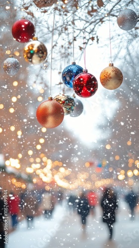 Colorful Christmas ornaments hang on a snowy winter day at a festive market f...