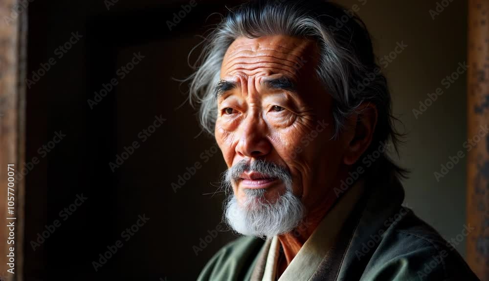 A wise elder reflects on life in a serene, sunlit room of an ancient Japanese home A wise elder reflects on life in a serene, sunlit room of an ancient Japanese home