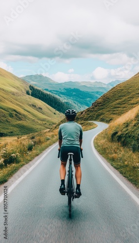 A cyclist riding on a winding road through a scenic mountainous landscape.