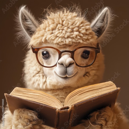 A fluffy llama with glasses reads an open book