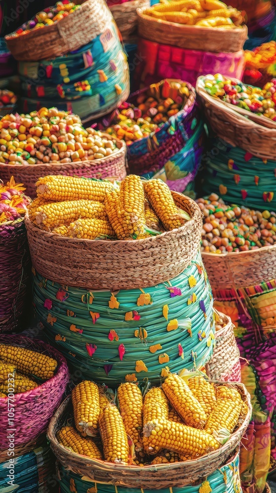 Fototapeta premium Fresh Corn Baskets at Farmers Market
