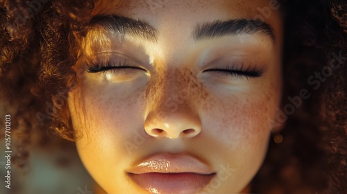 Close up of a young person with natural freckles and soft makeup showcasing b...