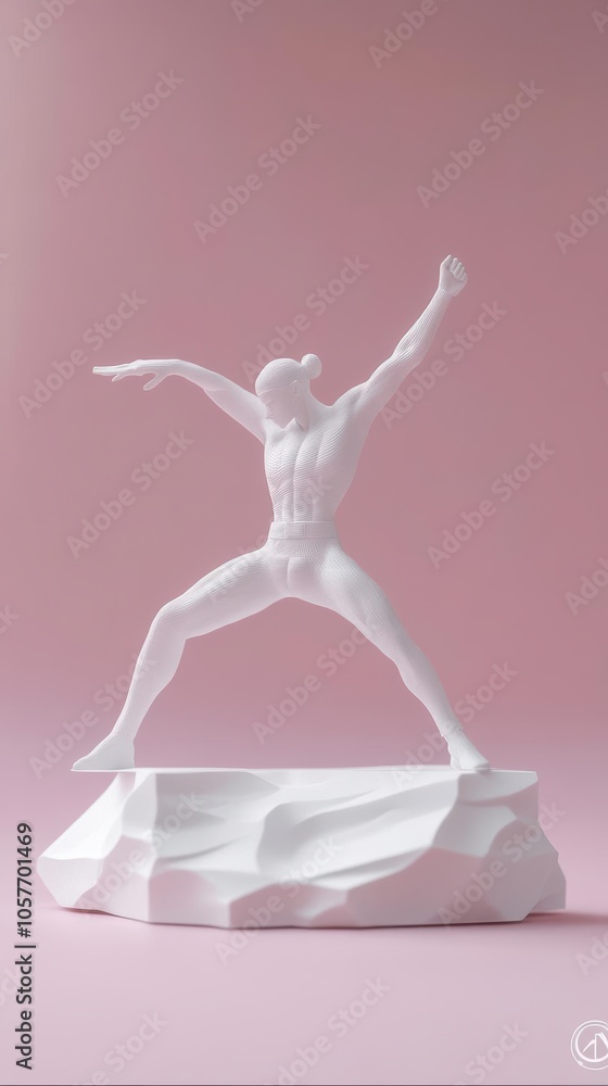 Fototapeta premium White sculpture of a man in a dynamic pose standing on a rock