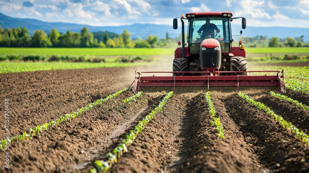Large Tractor Planting Seeds in Agricultural Field Large Tractor Planting Seeds in Agricultural Field