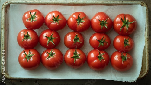 Freshly picked ripe tomatoes arranged meticulously on a tray in natural light...