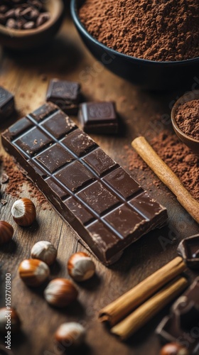Chocolate bar surrounded by nuts and spices on a wooden table in a warm kitch...