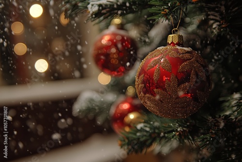 Snow covered Christmas tree ornaments hanging delicately on branches in a win...