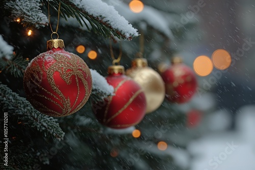 Snow covered Christmas tree ornaments hanging delicately on branches in a win...