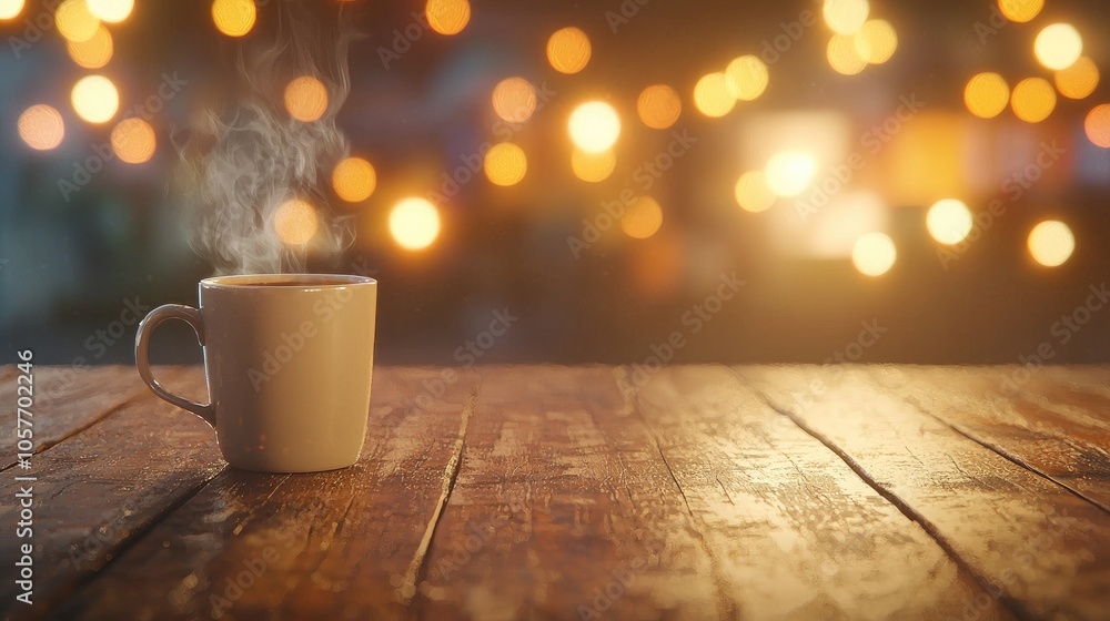 Steaming Hot Coffee Cup on Rustic Table Steaming Hot Coffee Cup on Rustic Table
