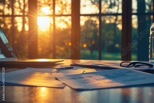Golden hour light illuminating paperwork and a laptop on a desk by a large wi...