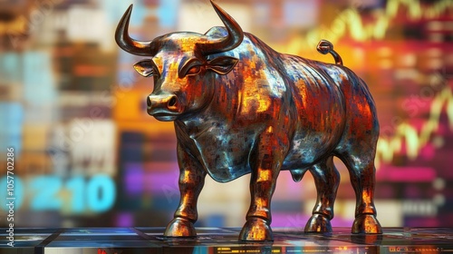 A bold representation of a bronze bull symbolizing a bullish market, positioned against a blurred backdrop of digital financial displays, conveying optimism and growth in the investment landscape