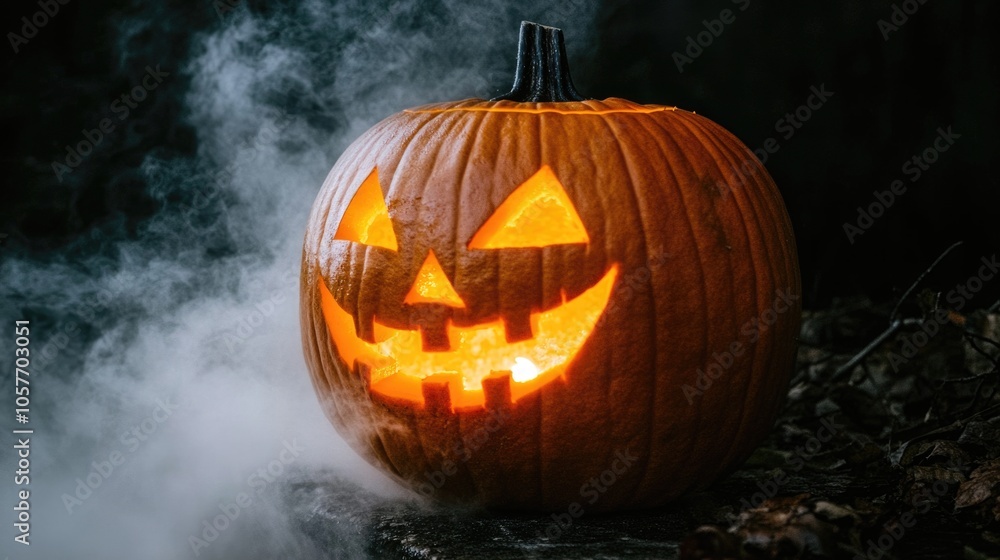 Spooky jack-o'-lantern with smoky background: halloween vibes Spooky jack-o'-lantern with smoky background: halloween vibes