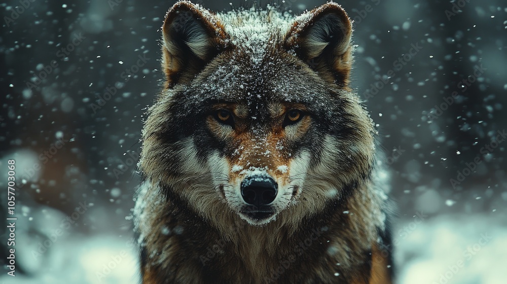 Wolf in a snowy forest during winter, showcasing its majestic gaze and thick fur coat Wolf in a snowy forest during winter, showcasing its majestic gaze and thick fur coat