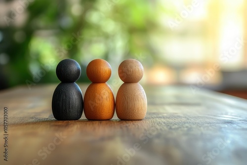 Simple wooden figures in a row on a rustic table with soft sunlight in the background photo