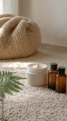 A serene indoor setting featuring natural skincare products on a textured rug...