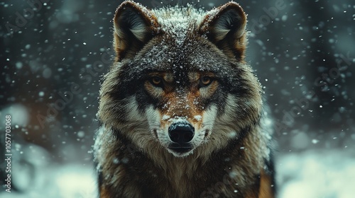 Wolf in a snowy forest during winter, showcasing its majestic gaze and thick ...