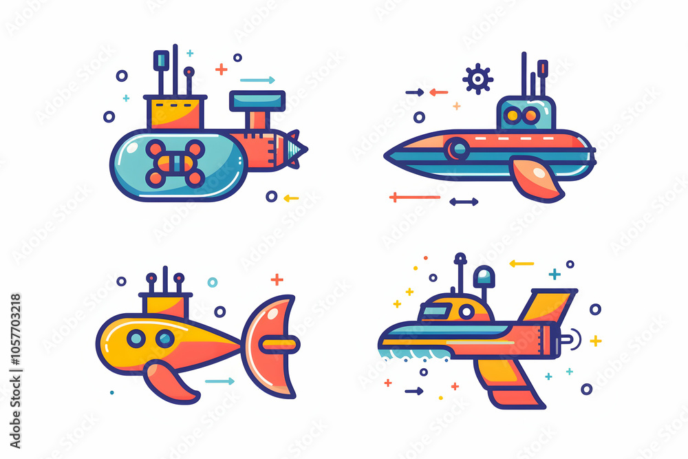 Set of four cartoon submarines, each in a different color and design. Set of four cartoon submarines, each in a different color and design.