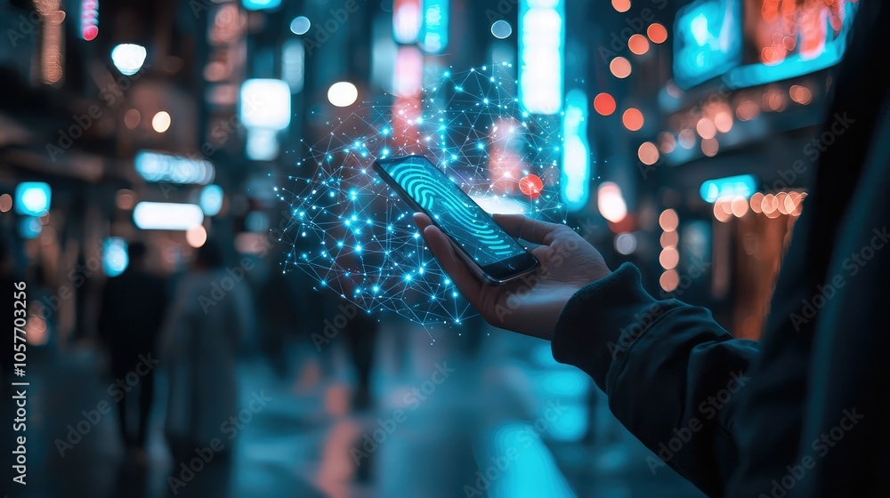 Smartphone Connecting to Wi-Fi Network in Night Cityscape Smartphone Connecting to Wi-Fi Network in Night Cityscape