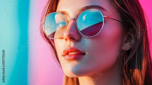 Woman with Round Sunglasses Against Colorful Background