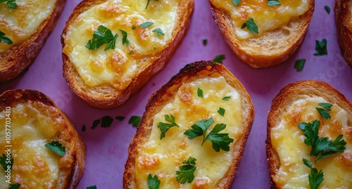 Crispy cheese toast topped with fresh herbs on a vibrant background at a cozy...
