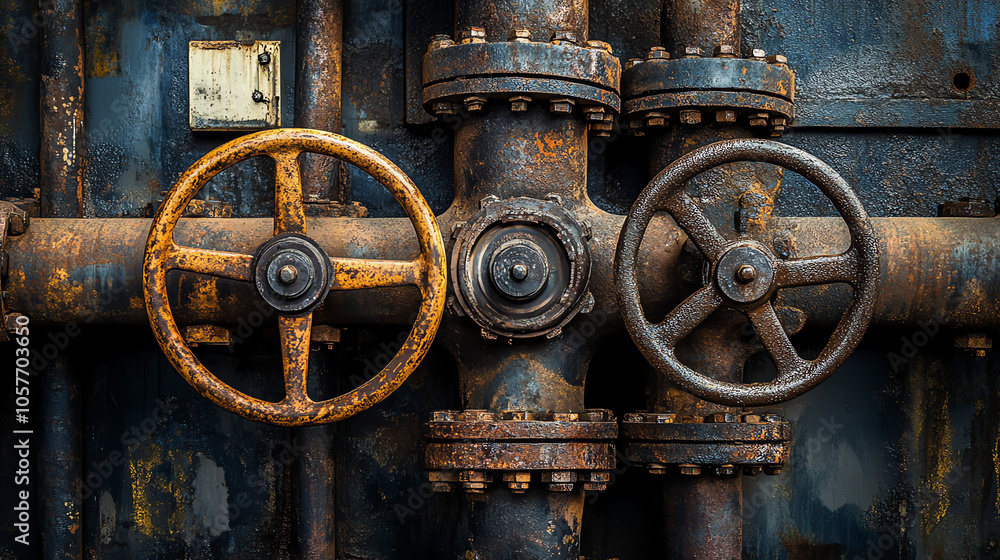 Close-up of pipes and valves, oil refinery detail, intricate industrial system Close-up of pipes and valves, oil refinery detail, intricate industrial system