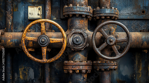 Close-up of pipes and valves, oil refinery detail, intricate industrial system photo