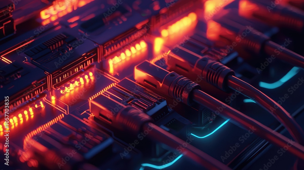 Close-Up View of Network Switch with Bright Lights Close-Up View of Network Switch with Bright Lights