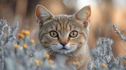 A curious cat observing flowers in a lush garden during a sunny afternoon