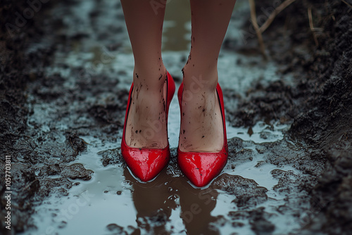 Women legs in red high heels shoes in the mud close up.