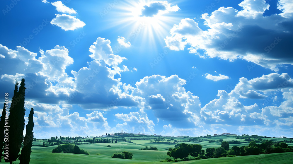 Sunny day with fluffy clouds over rolling green hills. Sunny day with fluffy clouds over rolling green hills.