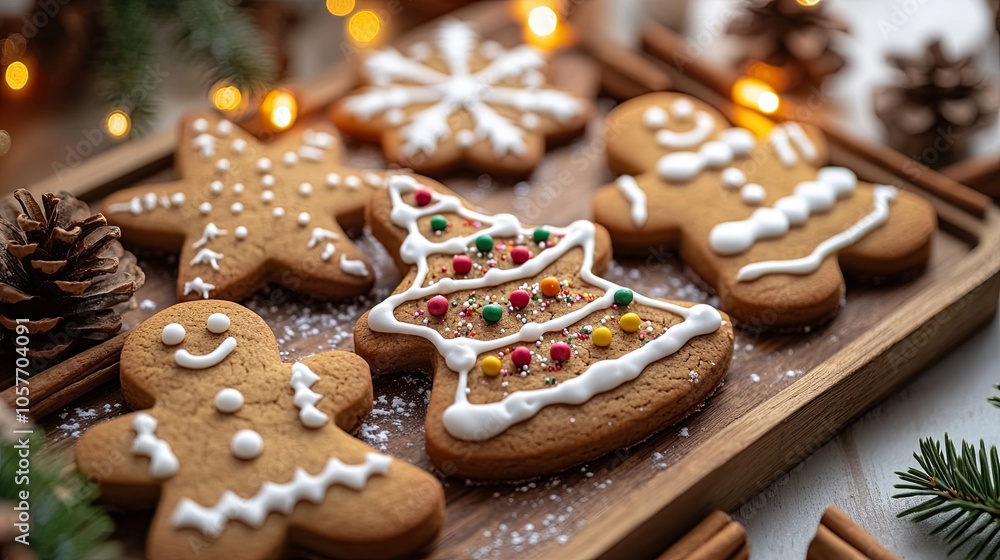 A close-up of freshly baked gingerbread cookies in the shape of Christmas trees, stars, and snowmen, decorated with white icing and colorful sprinkles. A close-up of freshly baked gingerbread cookies in the shape of Christmas trees, stars, and snowmen, decorated with white icing and colorful sprinkles.