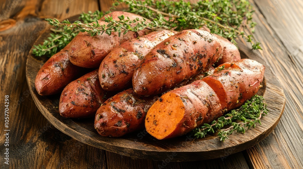 Freshly Roasted Sweet Potatoes on Wooden Board Freshly Roasted Sweet Potatoes on Wooden Board