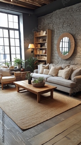 Cozy living room with natural elements and soft lighting in a stylish urban a...
